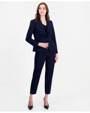 Tahari One Button Strip Shoulder Pad Blazer Ruffle Front V Neck Short Sleeve Blouse Straight Leg Mid Rise Elastic Back Pants - Blue