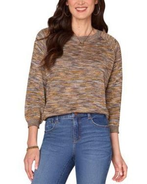 Democracy Space Dye Round Neck Blouson Sleeve Sweater - Brown