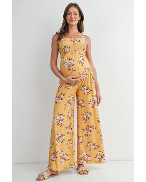Hello Miss Maternity Floral Smocked Square Neck Wide Leg Jumpsuit - Metallic