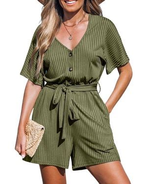 CUPSHE Ribbed V-neck Short Sleeve Romper - Green