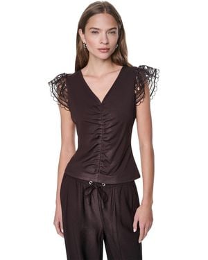 DKNY V-neck Lace Trim Gathered Top - Black