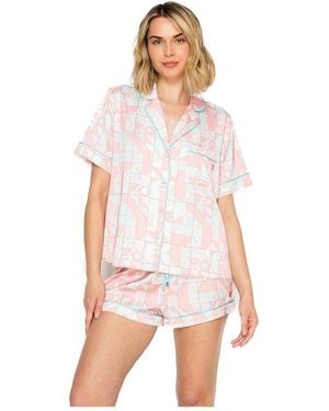 Badgley Mischka Silky Satin Piped Short Pajama Set - Pink