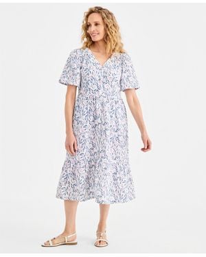 Style & Co. Printed Cotton Gauze Tiered Button-front Midi Dress - Blue