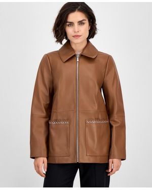 Anne Klein Zip-front Leather Jacket - Brown