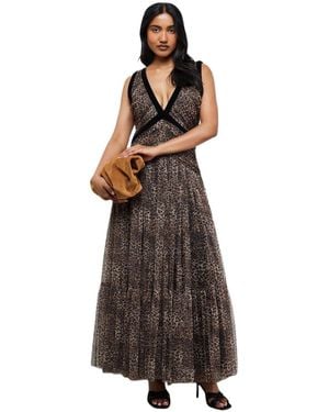 Warehouse Velvet Trim Leopard Tulle Maxi Dress - Brown