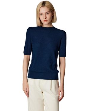 Jennie Liu Funnel Neck Short Sleeve Sweater | 75% Merino Wool 25% Silk Ultra Soft Fine-gauge Knit Top | Machine Washable - Blue