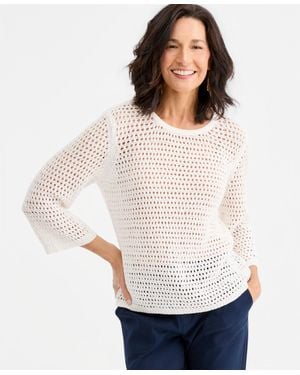 Style & Co. Open-stitch 3/4-sleeve Sweater - White
