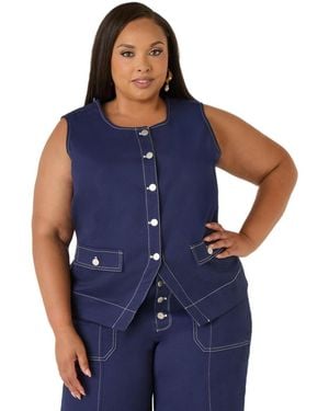Ashley Stewart Plus Size Tailored Twill Boyfriend Vest - Blue