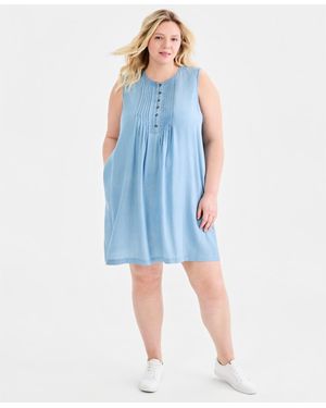 Style & Co. Plus Size Chambray Sleeveless Pintuck Dress - Blue
