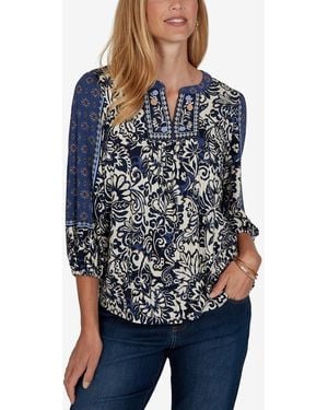 Ruby Rd. Petite Foliage Henley 3/4-sleeve Floral-print Blouse - Blue