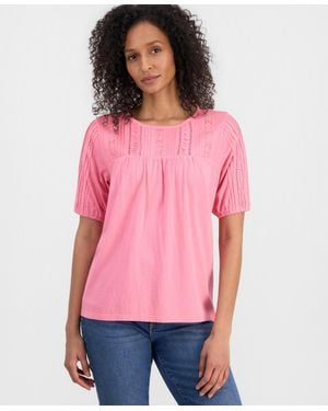 Style & Co. Petite Solid Applique Cotton Short-sleeve Blouse - Pink