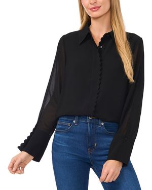Cece Scalloped-trim Collared Long-sleeve Blouse - Blue