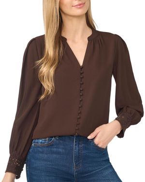 Cece Lace-cuff Button-front V-neck Blouse - Brown