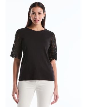 Rafaella Petite Draped Lace Crew Neck Top - Black