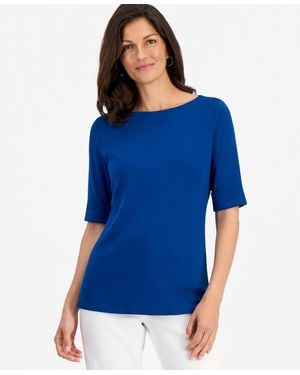 Style & Co. Boat-neck Elbow Sleeve Cotton Top - Blue