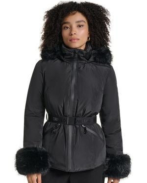 KARL LAGERFELD Faux-fur Trim Cuff And Hood Belted Puffer Jacket - Black