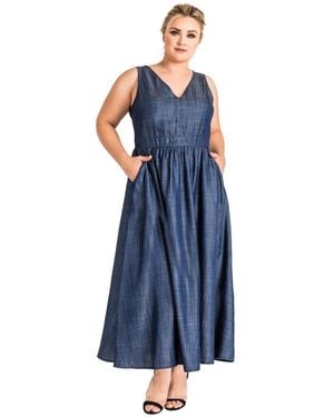 Standards & Practices Plus Size V-neck A-line Denim Maxi Dress - Blue