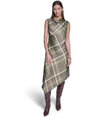 Halston Cowl Neck Plaid Asymmetrical Midi Dress - Multicolor