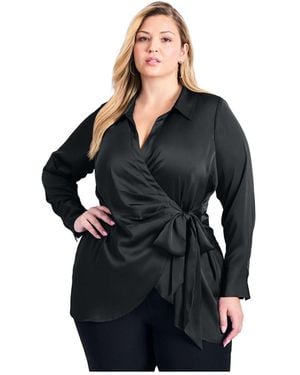 Avenue Plus Size Goldi Satin Wrap Blouse - Black