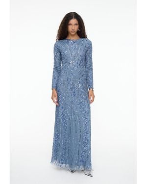 MARYISA Modest Embellished Sequin Beaded Dress Maxi With Elegant Design - Blue