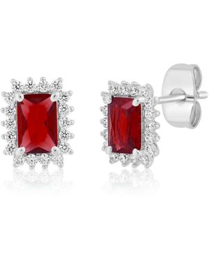 Simona Elegant Rectangle Birthstone Cz Halo Studs - Red