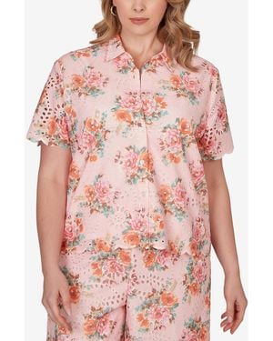 Ruby Rd. Plus Size Floral Scalloped Hem Camp Shirt - Red