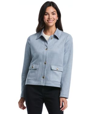 Rafaella Petite Collared Patch-pocket Faux Suede Jacket - Blue