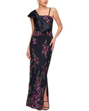 JS Collections Piper Floral-embroidered Asymmetrical-neckline Floor-length Gown - Blue