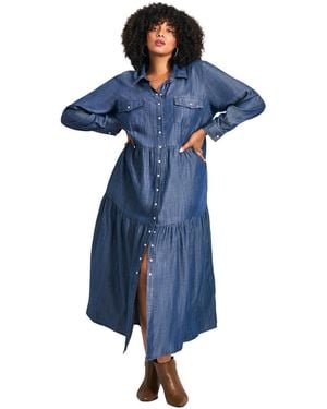 Avenue Plus Size Denim Tiered Shirtdress - Blue