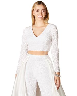 Lara Long Sleeve V-neck Beaded Top - White