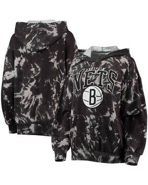 Majestic Threads Brooklyn Nets Burble Tie-dye Tri-blend Pullover Hoodie - Black