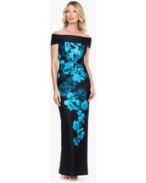 Betsy & Adam Strapless Off-the-shoulder Floral Column Gown - Blue