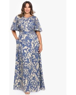 Betsy & Adam Plus Size V-neck Foil Printed Gown - Blue
