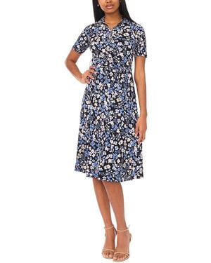 Msk Petite Collared Short-sleeve Midi Dress - Blue