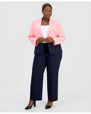 Le Suit Plus Size Colorblocked One-button Peplum Jacket & Fly-front Wide-leg Pants Suit - Blue