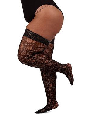 Memoi Plus Size Net Swirl-pattern Thigh High Stockings - Brown