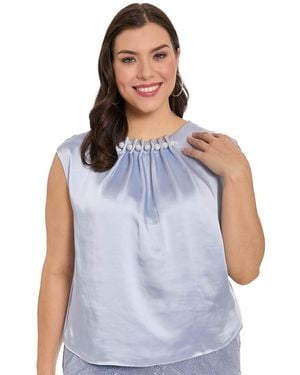 Muse Plus Size Tucked Beaded Crew Neck Top - Blue