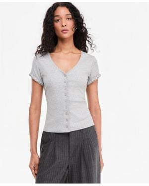 On 34th Ruffle-trim Button-front Short-sleeve Ribbed Top - White