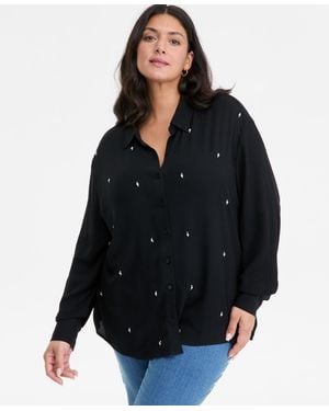 INC International Concepts Plus Size Embellished-front Shirt - Black