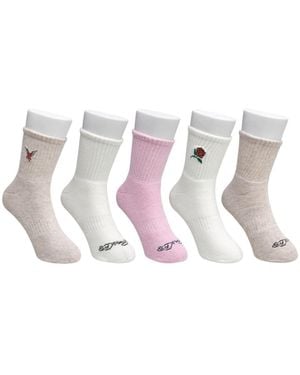 Ed Hardy Rose And Bird Embroidery Full Cushion Mid Crew Socks - White