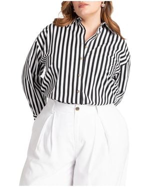 Eloquii Plus Size Preppy Striped Button Down - Gray
