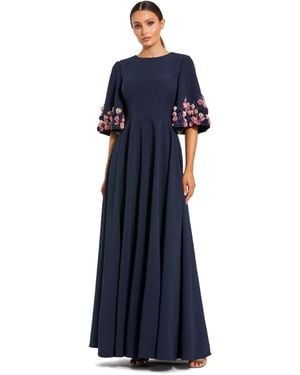 Mac Duggal Crepe 3/4 Sleeve A-line Gown With Flower Trim - Blue