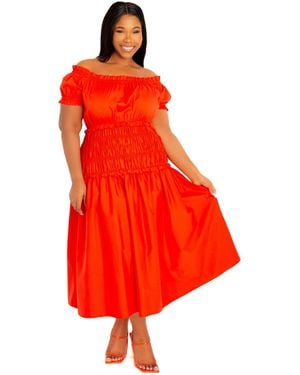 Buxom Couture Plus Size Off Shoulder Smocked Midi Dress - Red