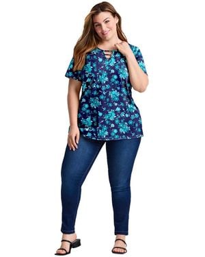 Avenue Plus Size Triple Keyhole Short Sleeve Tee - Blue