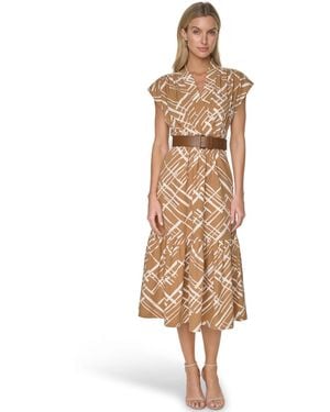 Calvin Klein V-neck Belted Midi Dress - Natural