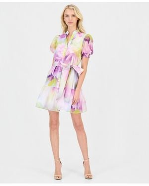 Anne Klein Puff-sleeve Floral-print Shirtdress - Pink