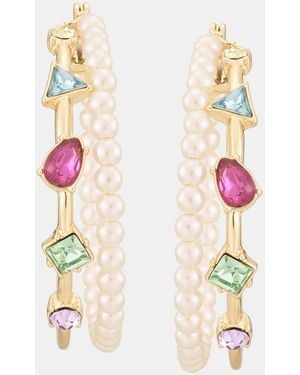 KARL LAGERFELD Medium Mixed Crystal & Imitation Pearl Double Row Hoop Earrings - White