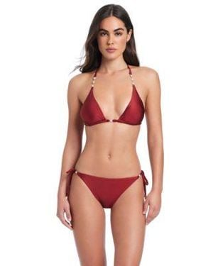 Red Carter Pearls Of Wisdom Classic Triangle Bikini Halter Top Cheeky Coverage Tie Side Bottom - Red