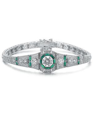 Genevive Jewelry Sterling Silver Clear Round And Circle Baguette Cubic Zirconia Link Bracelet - Green