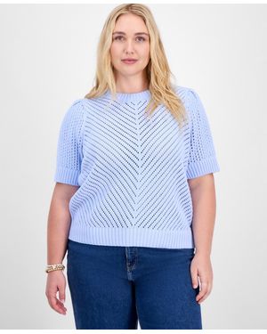 On 34th Diagonal-knit Puff-sleeve Sweater - Blue